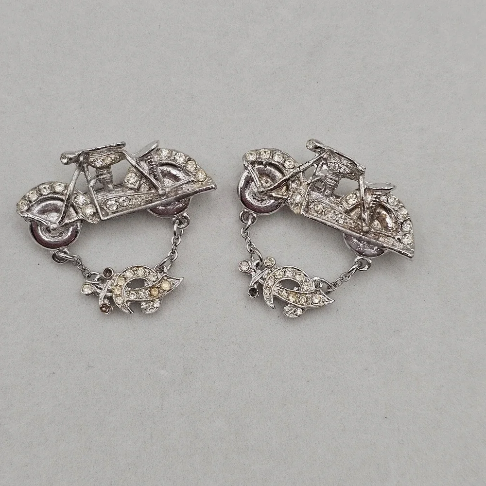 ORA Motorcycle Brooch Pins 2pc Silver Tone Clear Rhinestone Biker Mason Sword